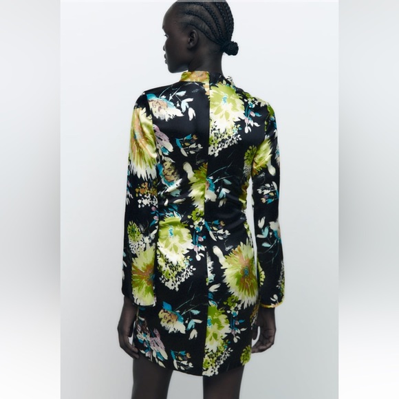 ZARA GATHERED PRINTED DRESS MULTICOLORED SIZE XS NWT - Picture 4 of 8